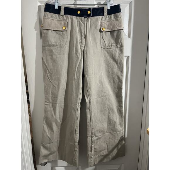 Tory Burch Joss Safari Khaki Pants Blue Cow Leather Sz 10 - Picture 1 of 10